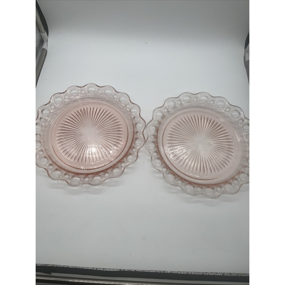 2 Anchor Hocking Old Colony 1930's 10" Pink Depression Glass Lace Edge Plate VTG